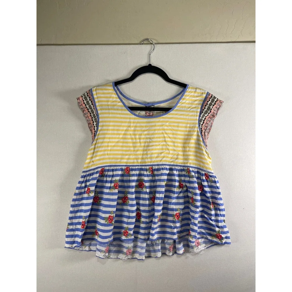 Matilda‎ Jane Mixed Media Striped Floral Babydoll Top Yellow Blue Cap Sleeve XL